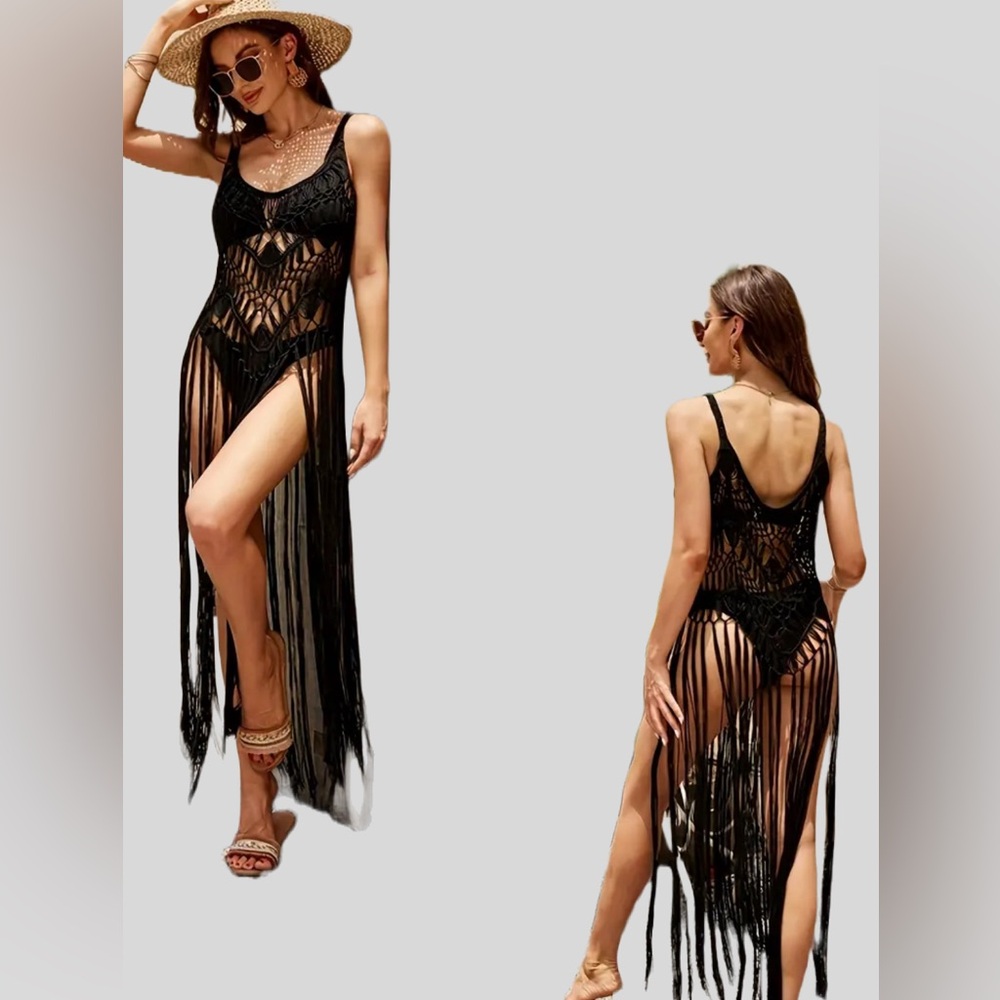 Black Boho Beach Fringe Cover Up